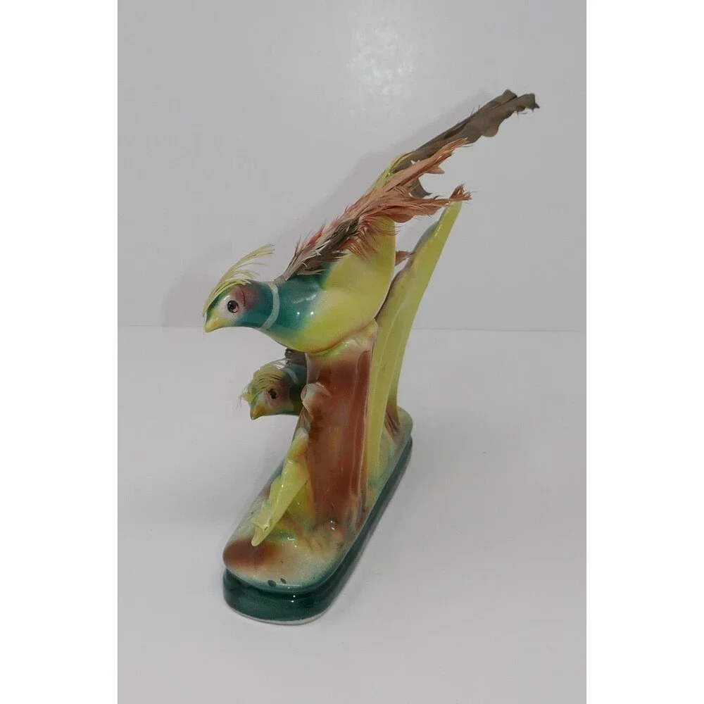 MCM Mid Century Vintage Porcelain Birds with Real Feathers Figurine Japan